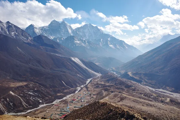 Panoramic view of Dingboche settlement nestled in the valley at 4,410 meters