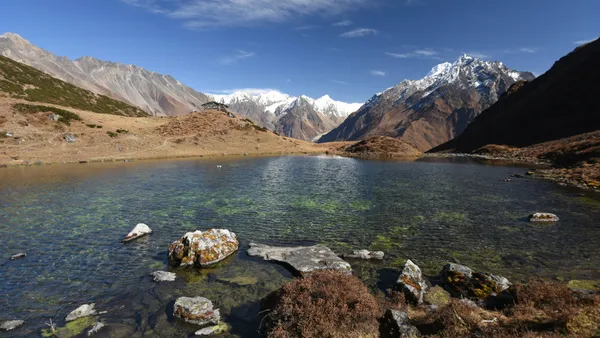 A crystalline blue lake beneath high white mountains
