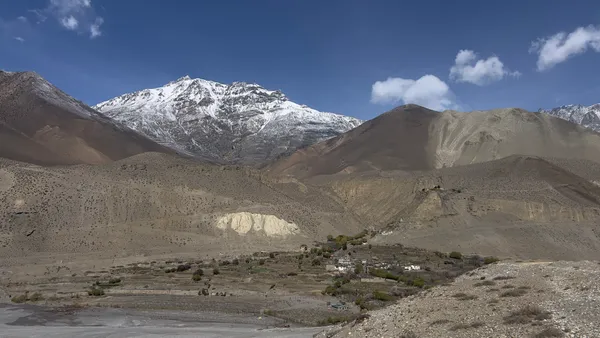 Stone houses and terraced fields of Tangbe village set against a massive snow-capped mountain