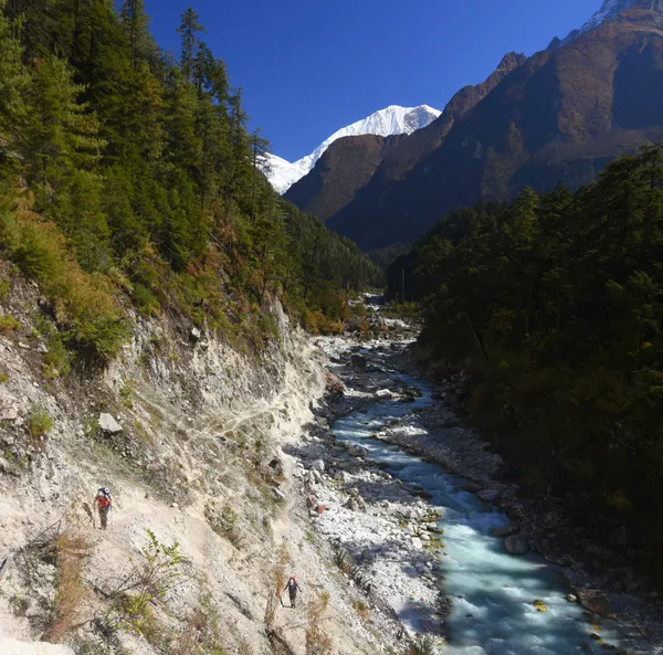 The trail overlooking a bright milk-blue glacial river far below
