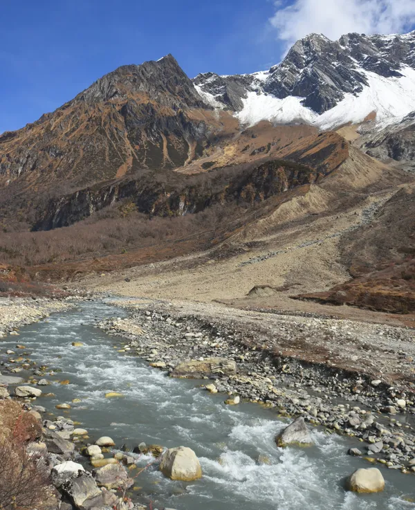 The trail following the rushing white water of the Budi Gandaki beneath towering peaks