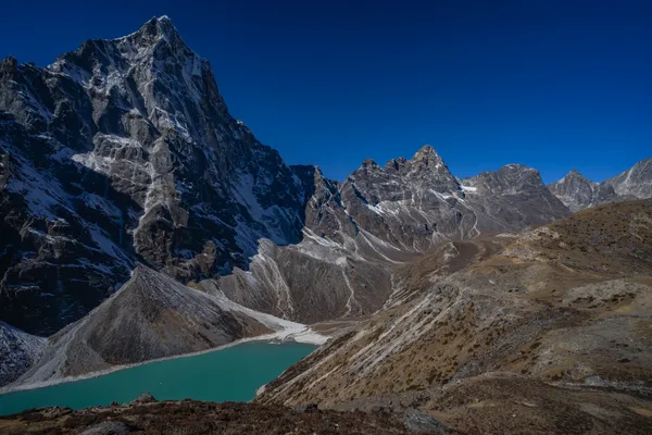 Turquoise waters of Cholatse Lake viewed from the 4,920 m trail