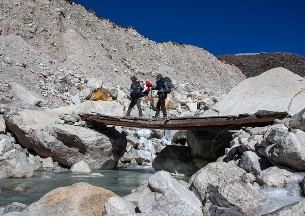 Trekkers crossing a makeshift wooden bridge over the icy Imja Khola
