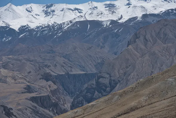 Rugged canyons and snow-capped peaks of the Mustang massif seen from below Mui La Pass at 4,170 m