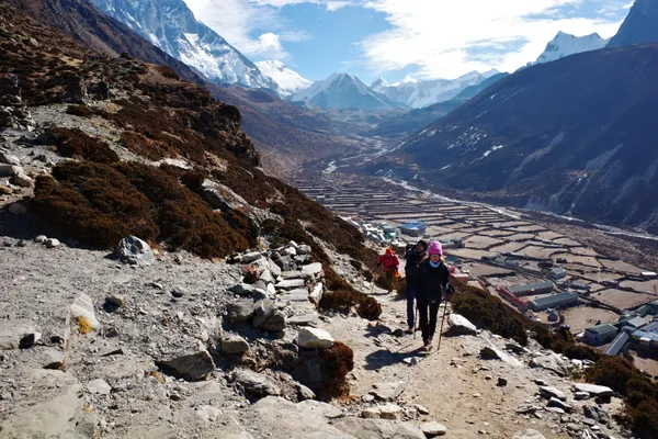 The Pheriche valley floor stretching below at 4,240 meters