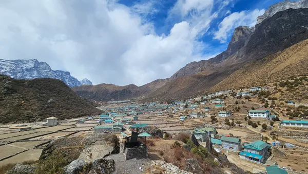 Aerial view of Dingboche village spreading across the valley floor