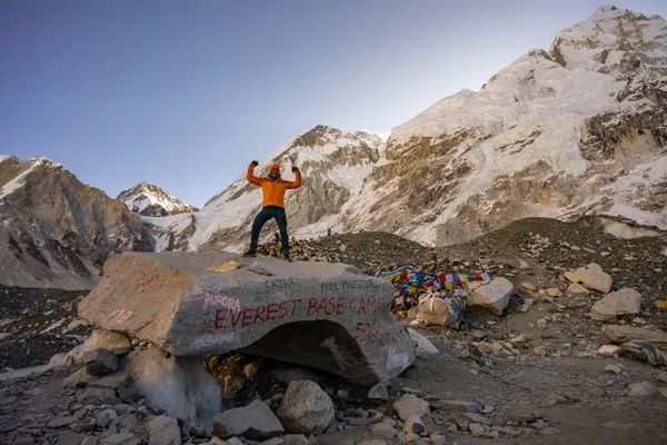The iconic Everest Base Camp sign at 5,364 m on the Khumbu Glacier