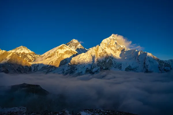 Mount Everest and Nuptse stretching across the horizon from the Kala Patthar trail