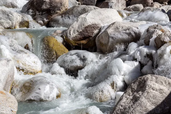 Ice formations clinging to boulders in rushing water