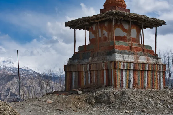 A vibrant striped Buddhist stupa overlooking the Ghami Valley at 3,520 m