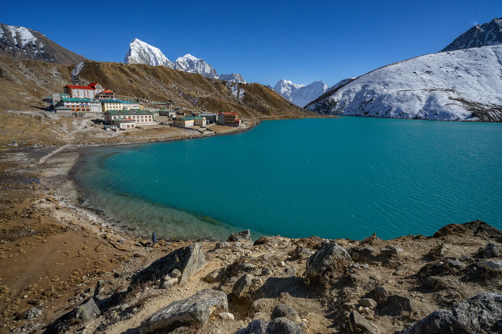 The lakeside settlement of Gokyo nestles at 4,750 meters beside Dudh Pokhari