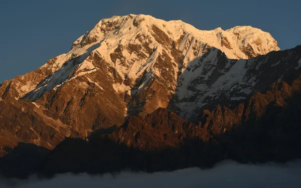 Early morning sunlight striking the snow-covered face of Annapurna South