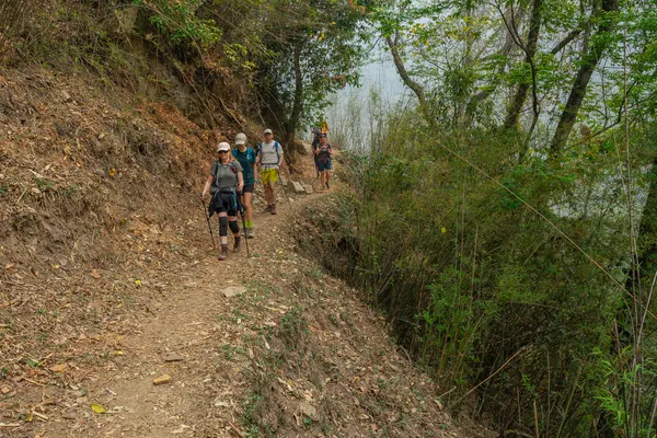 Trekkers following a narrow dirt path across a wooded hillside