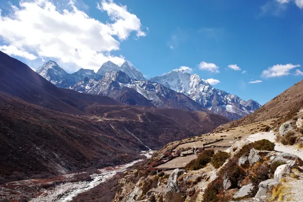 The trekking trail following the Imja Khola River toward Khumbu ridges