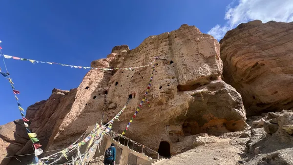 A massive five-story ancient cave complex opening into the cliffside of Chosar Valley at 3,900 m