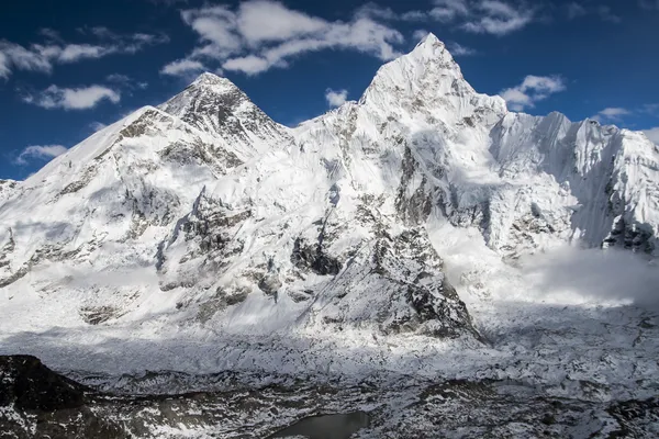 Mount Everest and the ice-covered west face of Nuptse against a deep blue sky