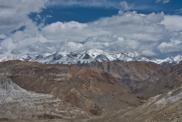 The walled city of Lo Manthang spreading across its high-altitude plateau framed by snow-capped peaks