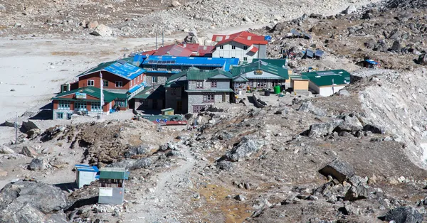 High-altitude teahouses and stone buildings at Gorak Shep