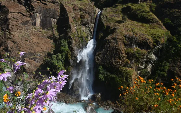 A waterfall tumbling into the rushing Marsyangdi River framed by colorful wildflowers