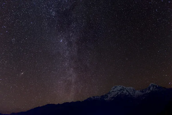 The Milky Way arcing across the night sky above Annapurna South and Hiunchuli