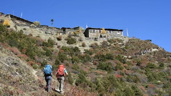 Mu Gompa monastery against immense rocky mountains