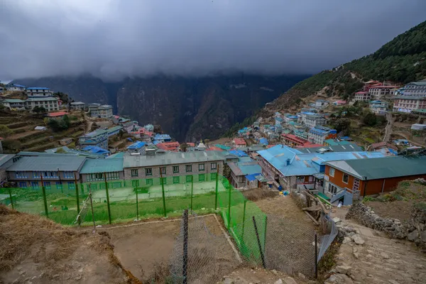 A wide view of the colorful Sherpa capital built into steep hillsides