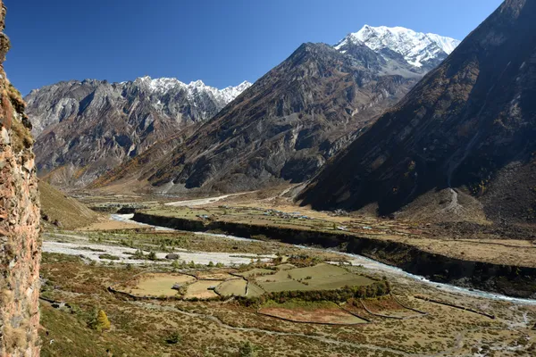 A river threading through fields hemmed by rock walls