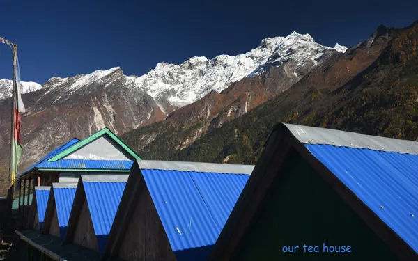 Blue-roofed teahouse buildings with a prayer flag pole and snow-capped peaks behind