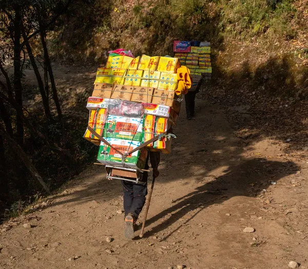 A local porter carrying a heavy load along the dusty trail