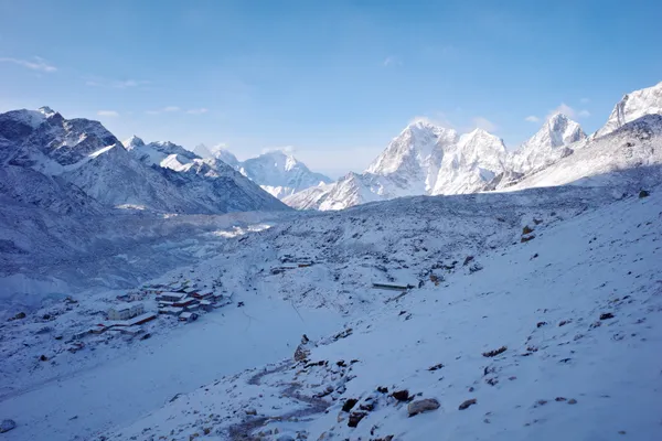 The 7,161-meter Pumori summit looming above Gorak Shep