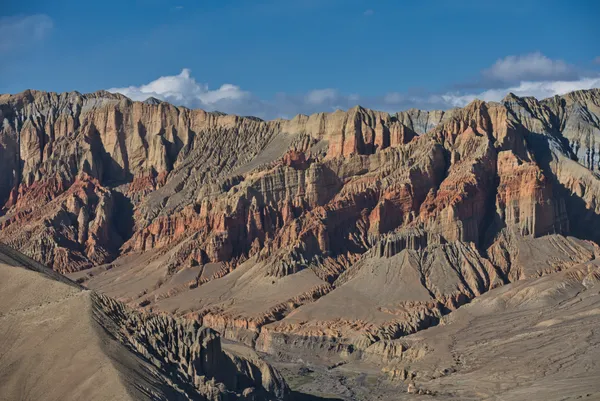 Striking red sedimentary formations towering over the Dhakmar valley floor at 3,820 m