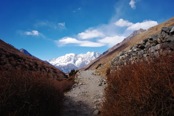 Snow-capped peaks towering over the trail entering Pangboche village