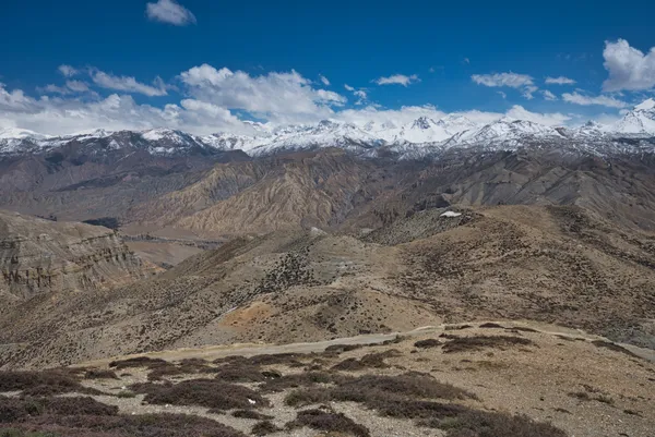 Arid brown ridges and winding mountain trails against a backdrop of distant white summits