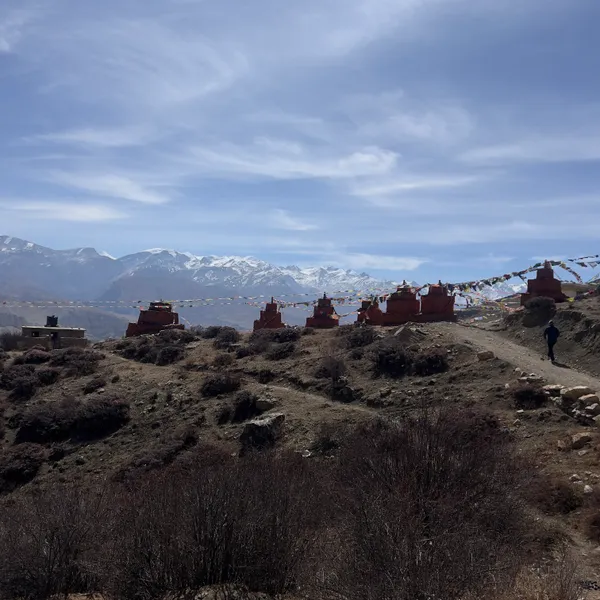 Traditional Buddhist chortens draped in prayer flags marking the trekking trail at 4,005 m