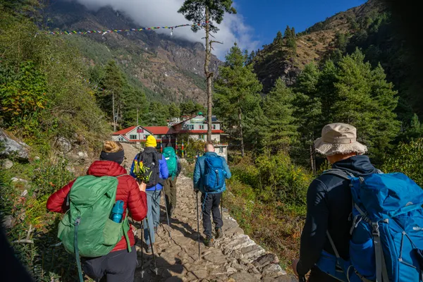 Trekkers setting off from Lukla village