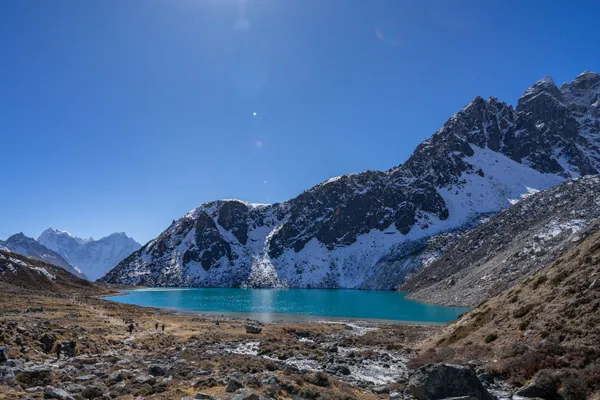 Vibrant blue waters of Gokyo Tsho contrast with snow-dusted slopes