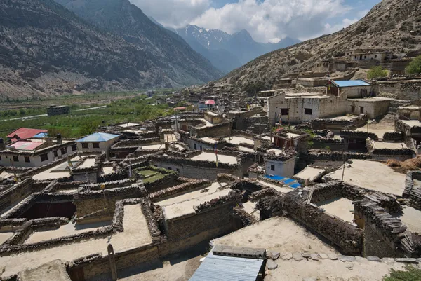 Densely packed stone houses crowding the narrow lanes of Marpha village at 2,650 m