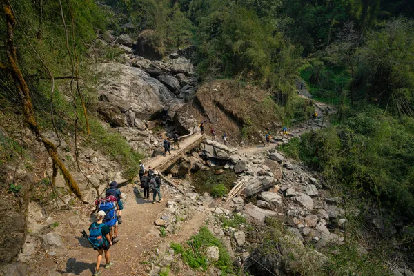 Trekkers following a rocky path beside a stream and forested slope