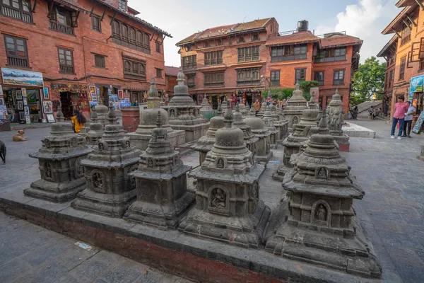 Centuries-old stone chaityas at the Swayambhunath temple complex