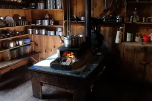 A wood-burning stove in a teahouse kitchen