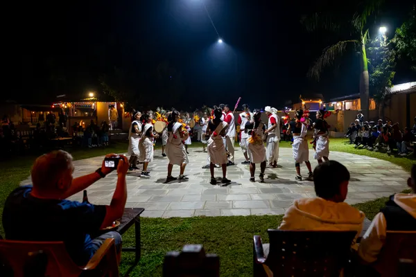 Performers executing the rhythmic traditional Tharu stick dance