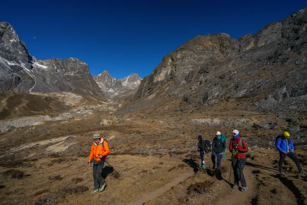 Hikers beginning the steep ascent from Dzongla