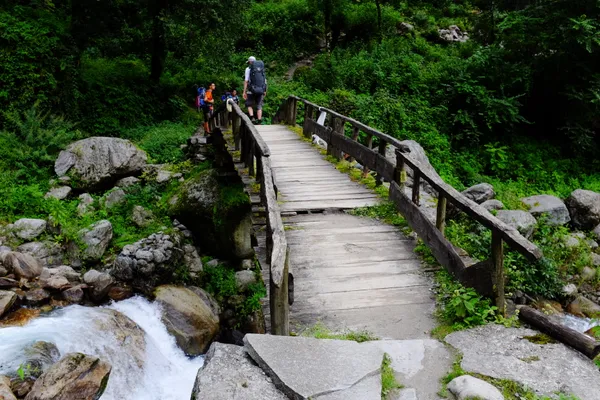 Trekkers crossing a wooden footbridge